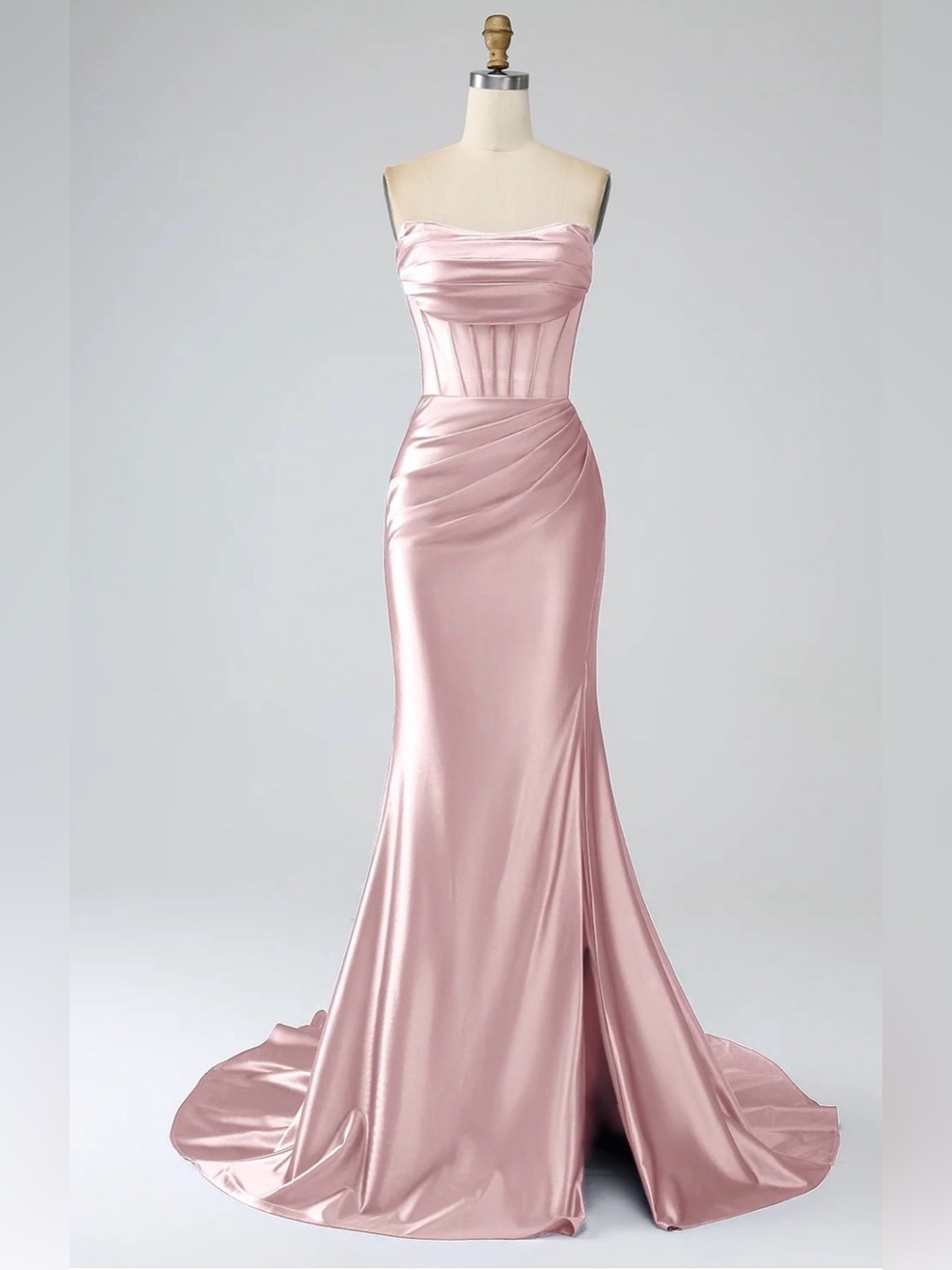 Zapaka Blush Pink Mermaid Strapless Pleated Corset Long Prom Dress with Slit